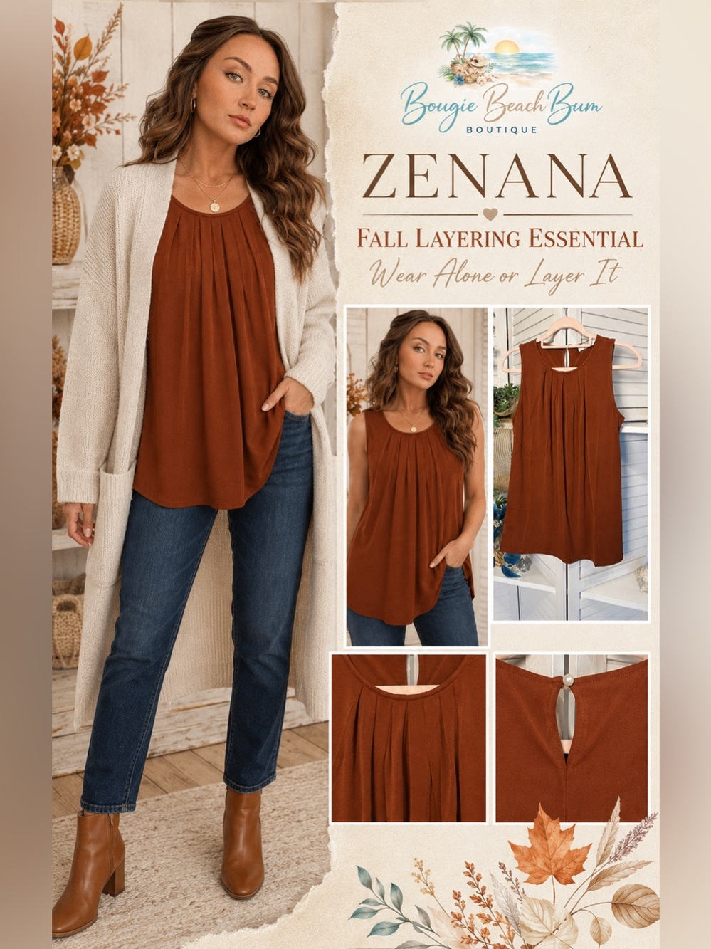 Zenana Outfitters Rust Pleated Sleeveless Tank